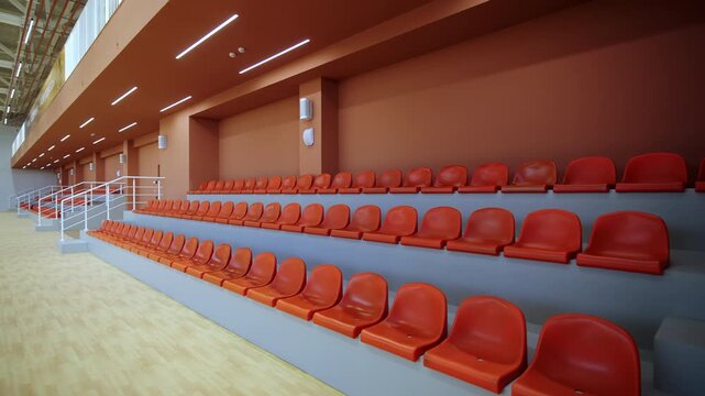 Empty stadium seats arranged in rows in large indoor arena. Clean lines and modern design characterize this sports facility interior