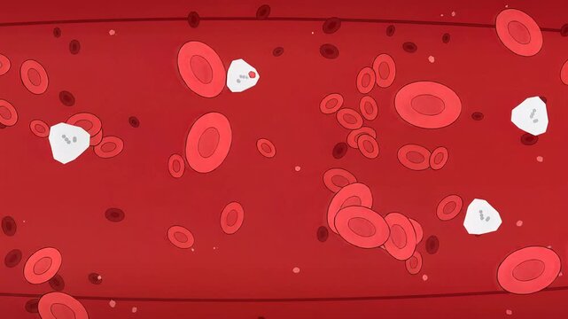 Microscopic View of Red and White Blood Cells Flowing in a Vessel