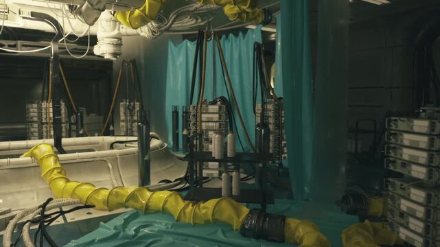 Space station cargo bay with stacked crates and modular racks, hoist lines and palletized gear, yellow flexible ducting threading across floor, logistical