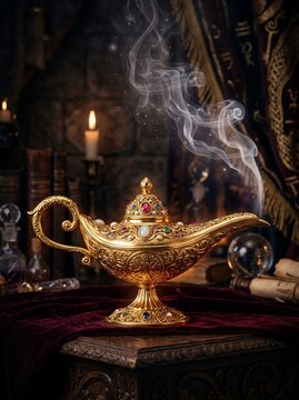 Golden magic lamp with smoke in mystical interior