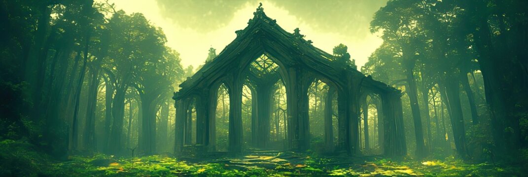 Urban exploration ruins adventure Ancient Ruins Surrounded by Lush Green Forest and Mystical Fog