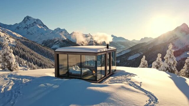 Modern glass cabin featuring a minimalist bedroom interior and fireplace, situated on a snowy mountain ridge with scenic views of snow-capped peaks and blue sky in winter wilderness.