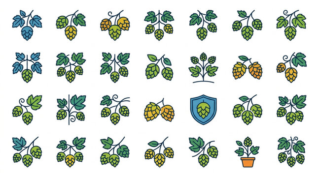 Colorful Hop Cones and Beer Brewing Icons Collection.