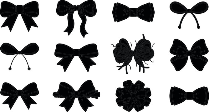 Black ribbon bow silhouette vector icon set featuring diverse styles including bow tie coquette aesthetic gift wrapping hair accessory and decorative knots