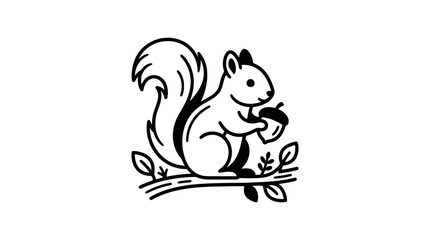 A charming black and white line art illustration of a squirrel holding an acorn on a tree branch. © Hendro