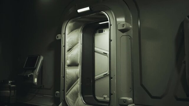 Sealed padded passage leading to hibernation module with diagnostic console, soft glow, insulation seams and quiet containment mood suggesting longterm rest