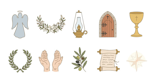 A collection of ten hand-drawn religious and spiritual symbols including an angel, chalice, scroll, olive branch, wreaths, praying hands, oil lamp, and an arched door.