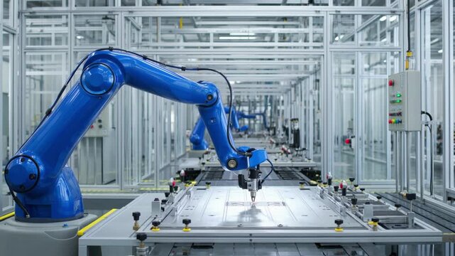 Blue industrial robotic arm performing precision work on a metal plate in a smart factory robot automation technology