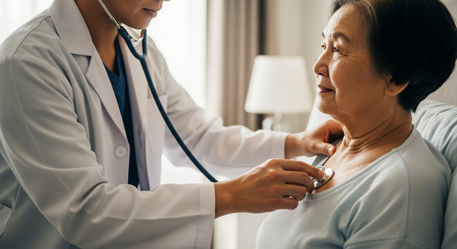 Professional male doctor examining an elderly Asian woman with a stethoscope during a home health checkup providing geriatric care and medical support