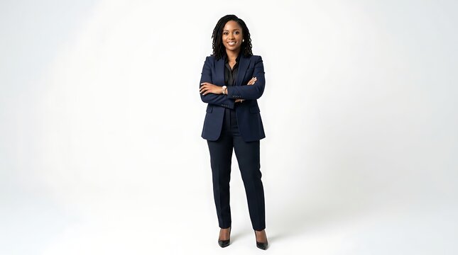 A woman in business attire stands confidently with arms crossed in studio