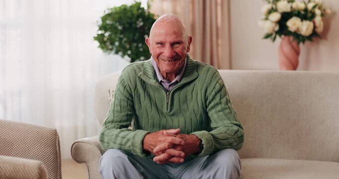 Wellness, face or old man in house with day off, positive attitude or optimistic for weekend break. Wellbeing, portrait or elderly person with good mood, confidence or happy moment in retirement.