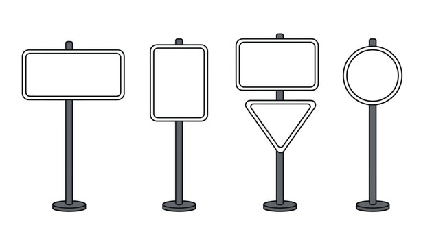 Set of four blank white street road signs on metal posts in simple outline vector style over a white background.