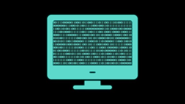 Binary computer monitor animation displaying glowing cyan data stream on dark black background