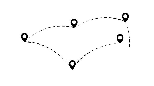 Animated pin markers show dynamic route over white background for navigation and travel