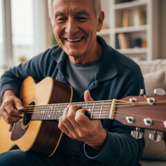 Obraz premium Happy senior man playing acoustic guitar at home, smiling elderly male hobbyist practicing music in living room, retirement lifestyle concept