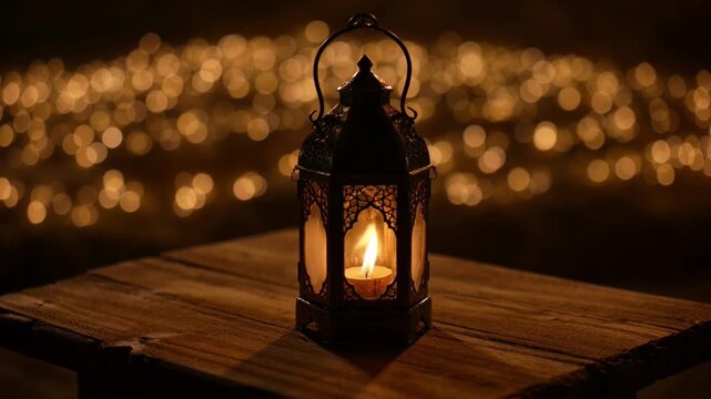 Glowing antique lantern with a burning candle on a wooden table at night with bokeh lights light glow lamp vintage