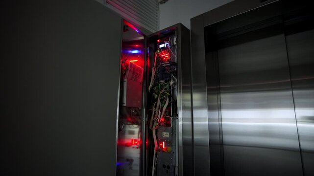 Open panel reveals internal circuitry and indicators. Bundles of wires along with electronic boards closeup. Control systems operation