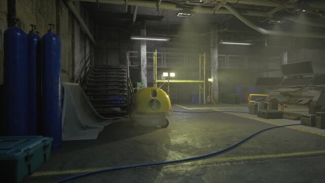 Foggy equipment bay with diving cylinders and drone, tangled cable across wet floor, stacked crates and cases, blue cylinder bank, low emergency glow, standby