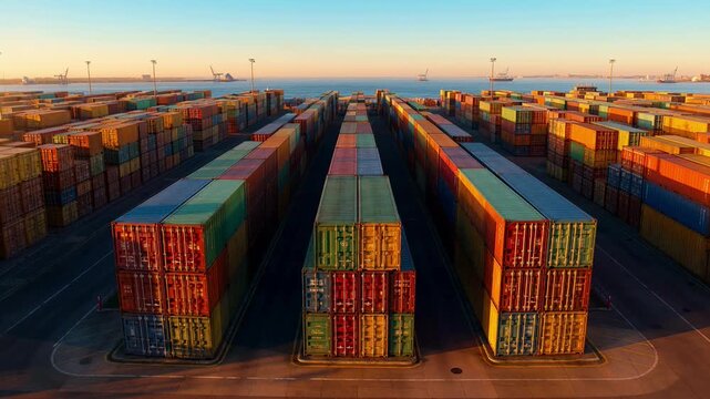Aerial view of a busy shipping container terminal at sunset with rows of colorful cargo containers.