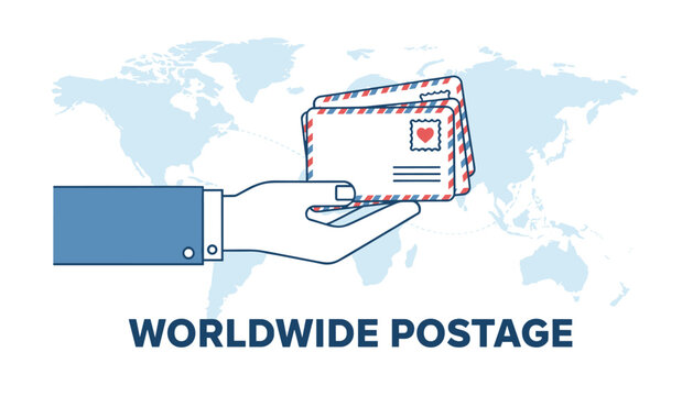 Worldwide postage concept graphic with a hand holding a stack of envelopes over a soft blue world map background.