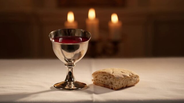 Chalice of wine and a piece of bread on a table for communion service in a dimly lit room with candles