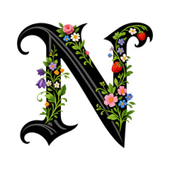 Obraz premium Elegant letter 'N' adorned with colorful flowers, PNG, transparent background.