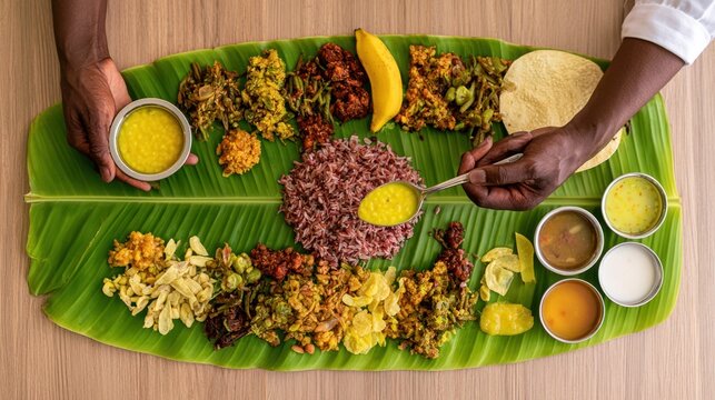 South Indian Sadhya meal served on green banana leaf.