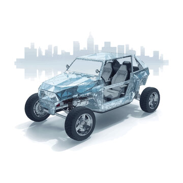 Futuristic Diamond-Encrusted All-Terrain Vehicle with Cityscape Silhouette Background