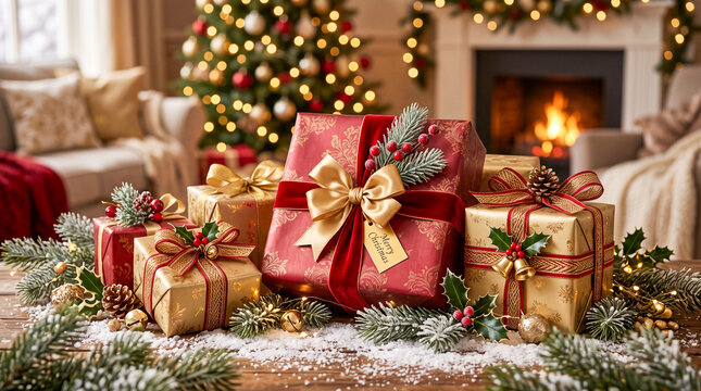Regalos navide&ntilde;os elegantes con lazos dorados y decoraci&oacute;n festiva para campa&ntilde;as comerciales.