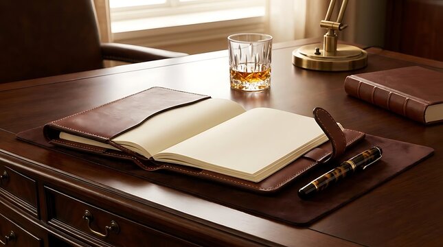 Open notebook and pen on wooden desk with glass and lamp