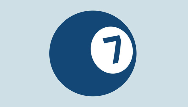 Dark blue billiard ball with number seven in white circle on clean light grey background in flat style.