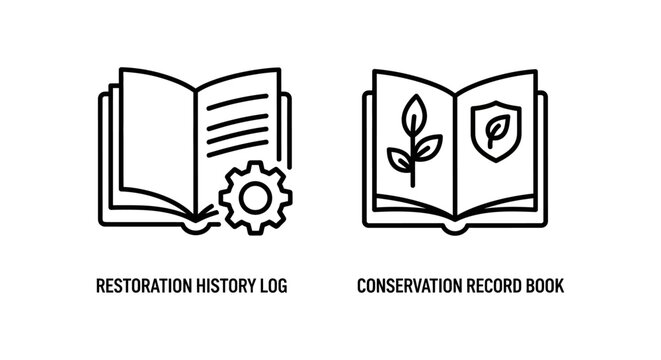 Restoration history log and conservation record book icons with restoration conservation environment preservation maintenance documentation protection technical engineering research