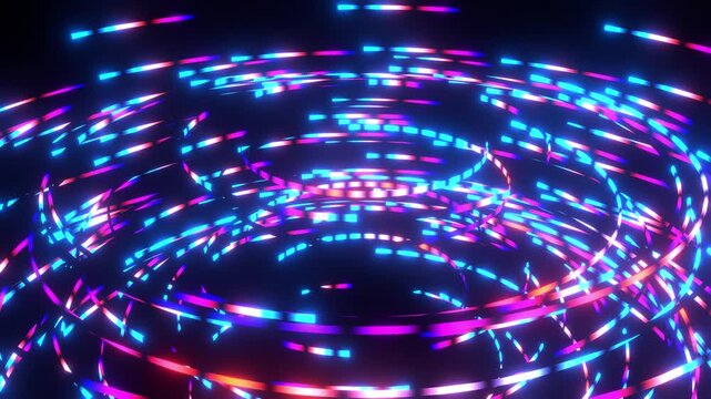 Colorful neon vortex with rotating light rays, abstract multi color neon carousel spinning on black background, 4k looped animation.