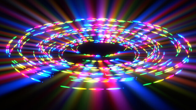 Neon rings and beams on black background, futuristic neon portal with glowing blue and pink circular light rays, 3D render illustration.