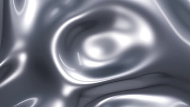 Silver liquid metal dynamic animation, dark chrome metallic waves 3D render 4k animation.