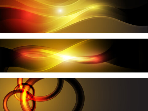 Abstract dark banner set with glowing golden and red waves, bright orange and gold backgrounds, vector illustration.