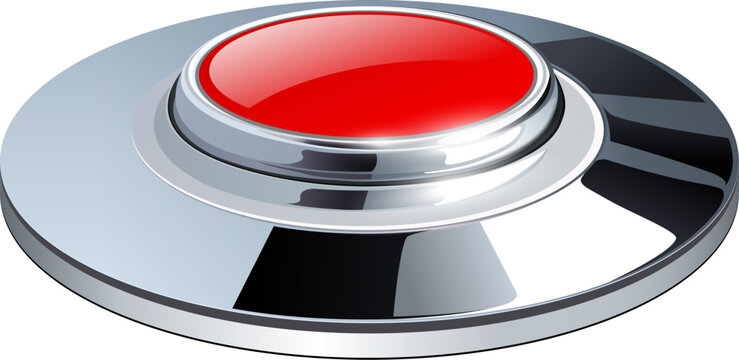 Red chrome metallic button isolated on white background, 3D realistic alarm or panic red silver icon, vector illustration.