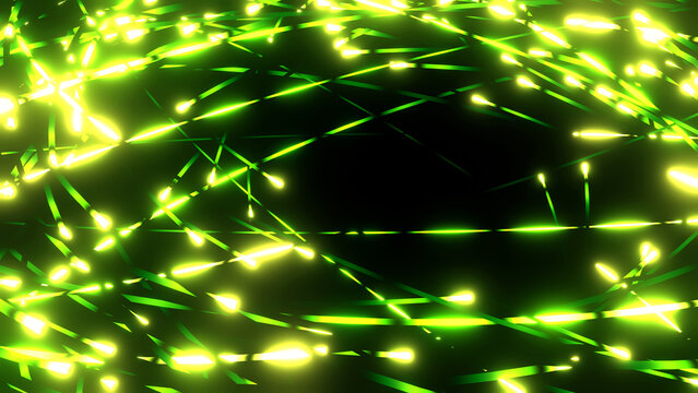 Glowing green neon lines on black background, dynamic cyber tech pattern with overlapping laser stripes on dark, 3D render illustration.
