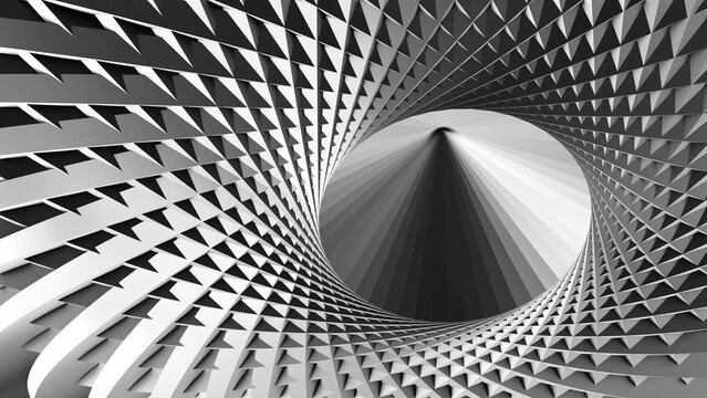 Futuristic silver spiral optical illusion background, minimalist monochrome architecture background, 3D rendered illustration.