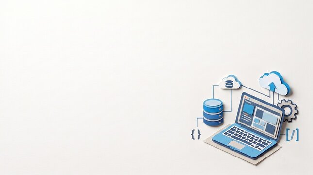 Minimal Paper Cut Cloud Computing and Software Development Corner with Laptop Database