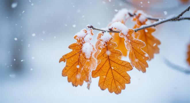 Golden autumn leaves dusted with fresh snow in a gentle snowfall.