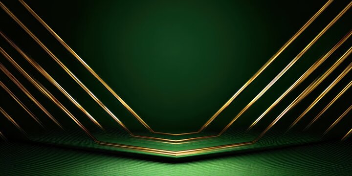 Luxury abstract green and gold background with geometric light lines. Elegant metallic stage backdrop with copy space. Concept of premium product presentation, digital showcase, and award ceremony