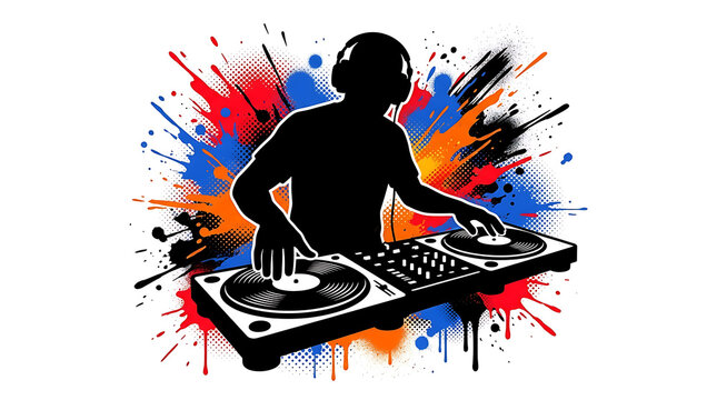 Vibrant silhouette of a DJ behind vinyl turntables mixer with colorful paint splatter background