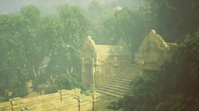 Foggy Teotihuacan colonnade with weathered steps, crumbling stone blocks and carved cornices softened by humid mist, layered terraces receding into green,