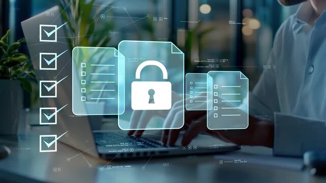 Businessman in modern office works with zero trust cybersecurity with digital security checklist, lock icon, enterprise compliance documents and secure business workflow for modern organizations