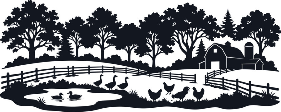 Black silhouette of farm scene with barn pond and animals