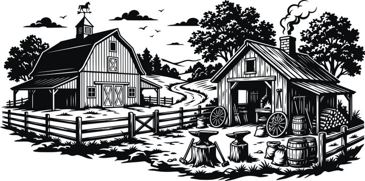 Vintage farm scene with barn blacksmith shop and rural landscape