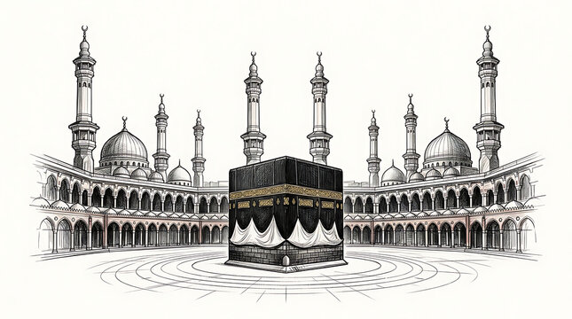 Detailed artistic sketch showing the Kaaba structure surrounded by mosque minarets in Mecca