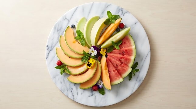 Fresh fruit platter with sliced melon and watermelon.
