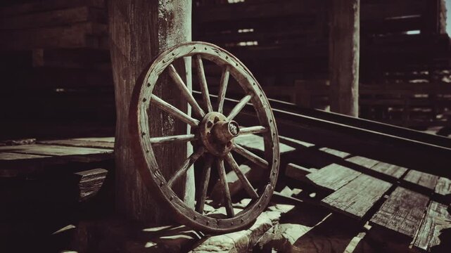 Moody sepia wheel portrait with strong vignette, nostalgic antique study of wagon component in wild west aesthetic, heavy grain, contrast and aged textures.